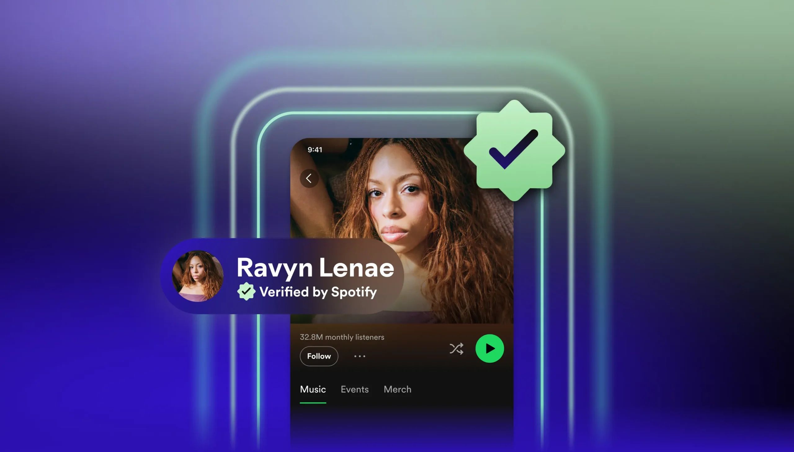 Illustration showing off Verified by Spotify badge on Ravyn Lenae's profile.